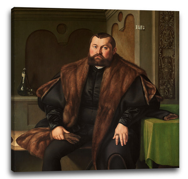 Leinwandbild Georg Pencz - Porträt von Sigismund Baldinger (1510-1558), dreiviertellang, sitzend, in einem schwarzen Satinwams und einem pelzgefütterten schwarzen Mantel mit Handschuhen, auf einem drapierten Tisch