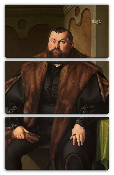 Leinwandbild Georg Pencz - Porträt von Sigismund Baldinger (1510-1558), dreiviertellang, sitzend, in einem schwarzen Satinwams und einem pelzgefütterten schwarzen Mantel mit Handschuhen, auf einem drapierten Tisch
