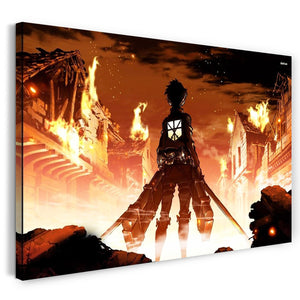 Leinwandbild Attack on Titan Eren brennendes Dorf Feuer Schwert in der Hand