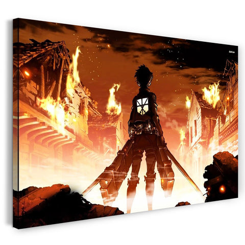 Leinwandbild Attack on Titan Eren brennendes Dorf Feuer Schwert in der Hand