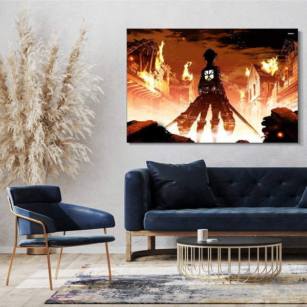 Leinwandbild Attack on Titan Eren brennendes Dorf Feuer Schwert in der Hand