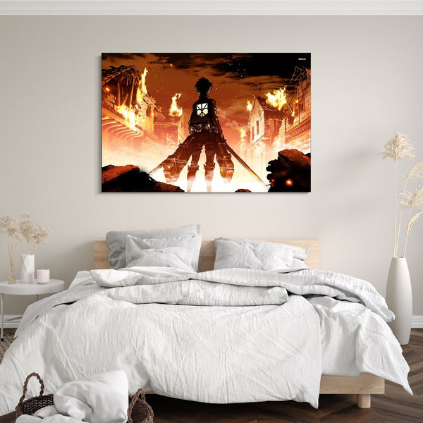 Leinwandbild Attack on Titan Eren brennendes Dorf Feuer Schwert in der Hand