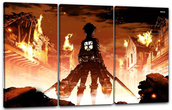 Leinwandbild Attack on Titan Eren brennendes Dorf Feuer Schwert in der Hand