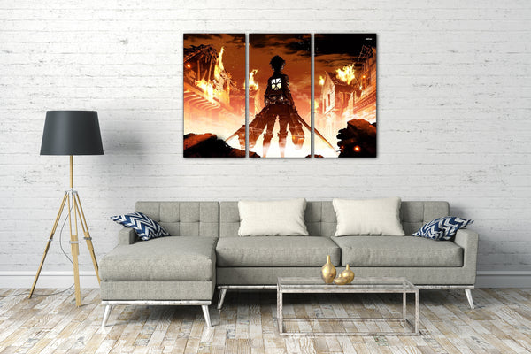 Leinwandbild Attack on Titan Eren brennendes Dorf Feuer Schwert in der Hand