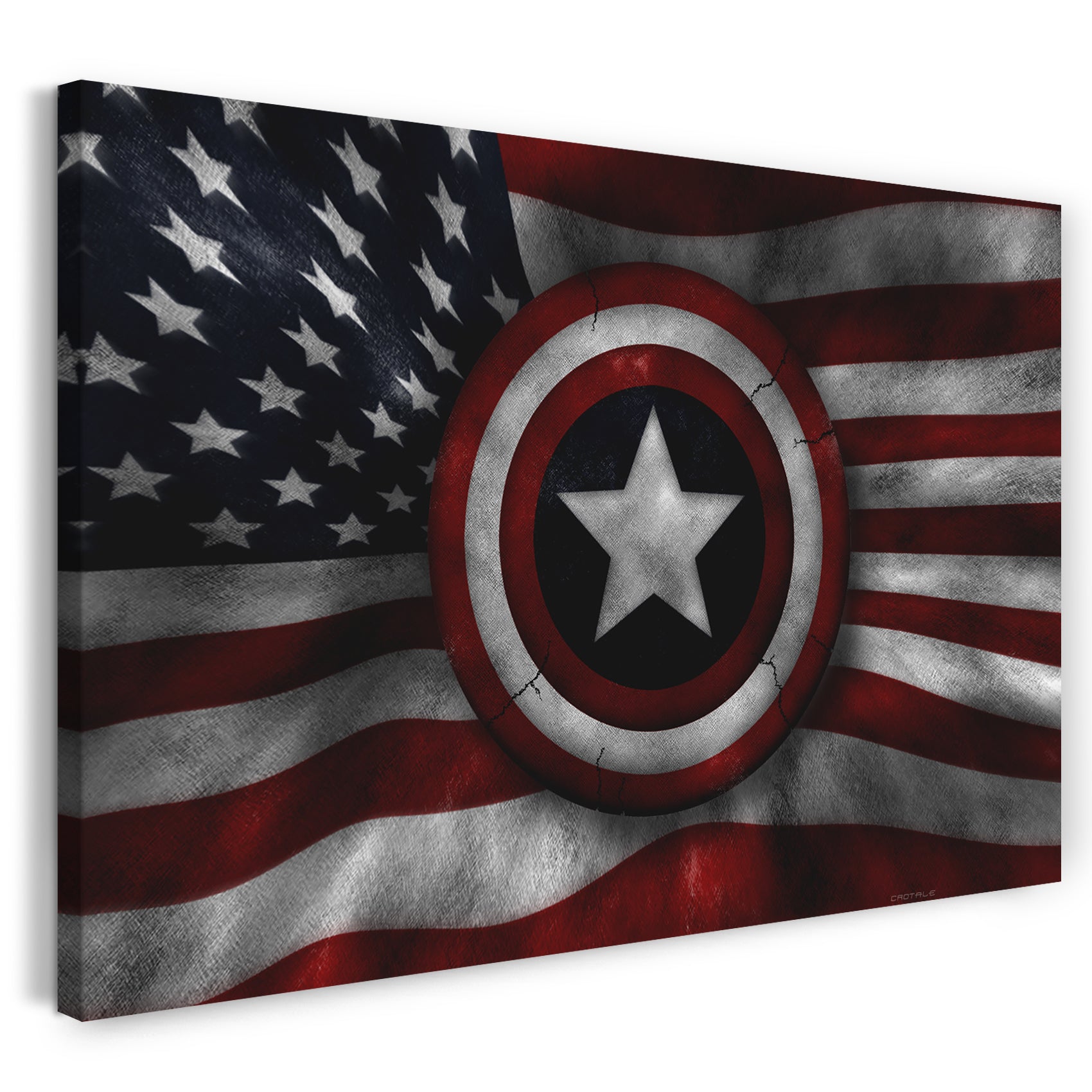 Leinwandbild Captain America Schild vor USA-Flagge