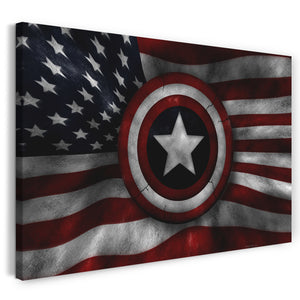 Leinwandbild Captain America Schild vor USA-Flagge