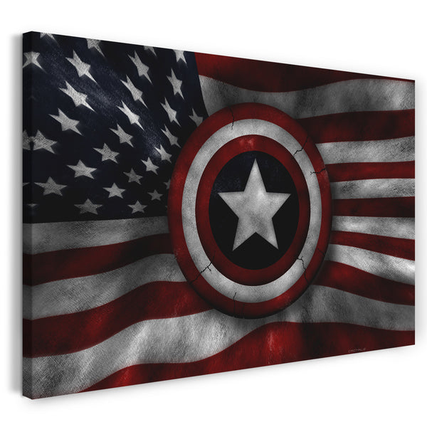Leinwandbild Captain America Schild vor USA-Flagge
