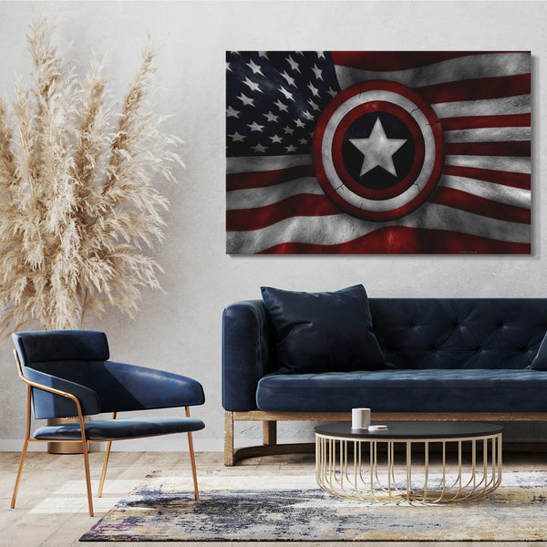 Leinwandbild Captain America Schild vor USA-Flagge