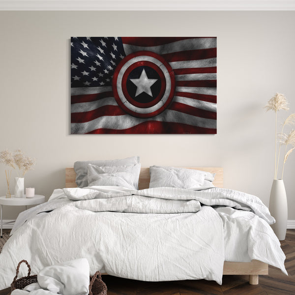 Leinwandbild Captain America Schild vor USA-Flagge