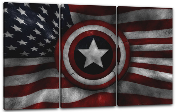 Leinwandbild Captain America Schild vor USA-Flagge