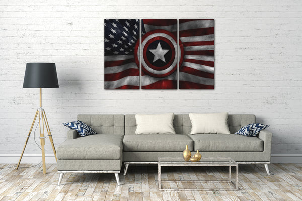 Leinwandbild Captain America Schild vor USA-Flagge