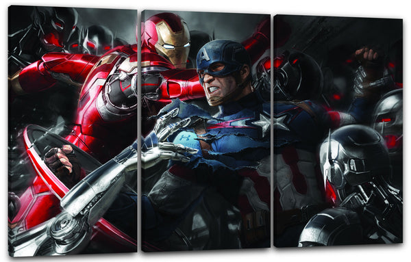 Leinwandbild Iron Man Captain America im Kampf gegen Roboter