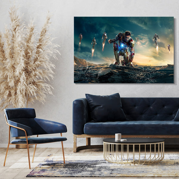 Leinwandbild Iron Man kniet Faust ballend im Meer Downey Jr