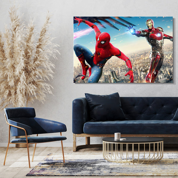 Leinwandbild Iron Man und Spider Man im Kampf