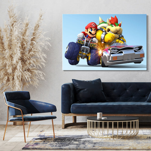 Leinwandbild Mario Kart rempelt Bösewicht Bowser im Auto