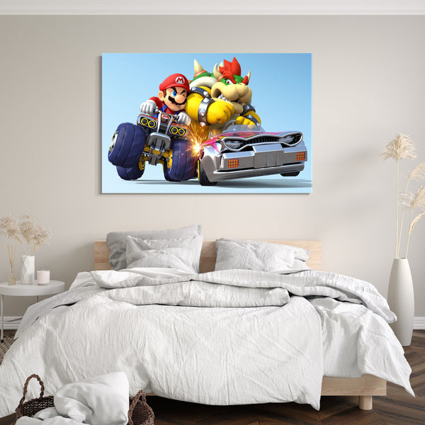 Leinwandbild Mario Kart rempelt Bösewicht Bowser im Auto