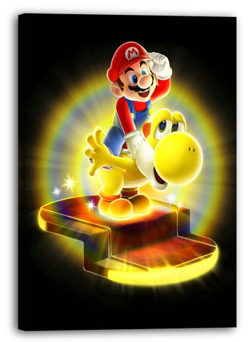 Leinwandbild Mario auf goldenem Yoshi beide lächelnd