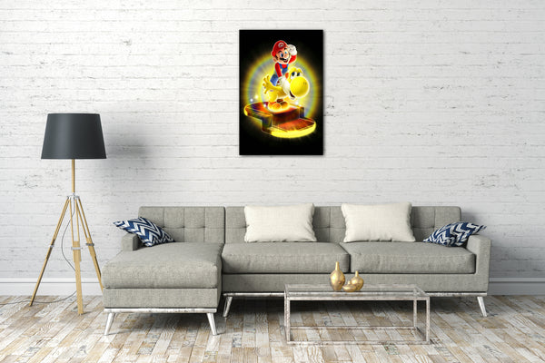 Leinwandbild Mario auf goldenem Yoshi beide lächelnd