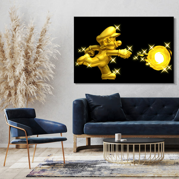 Leinwandbild Mario in Gold schießt Feuer-Kugel