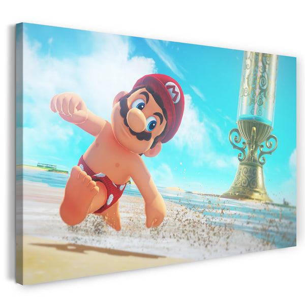 Leinwandbild Super Mario mit Badehose lachend am Strand