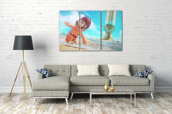 Leinwandbild Super Mario mit Badehose lachend am Strand